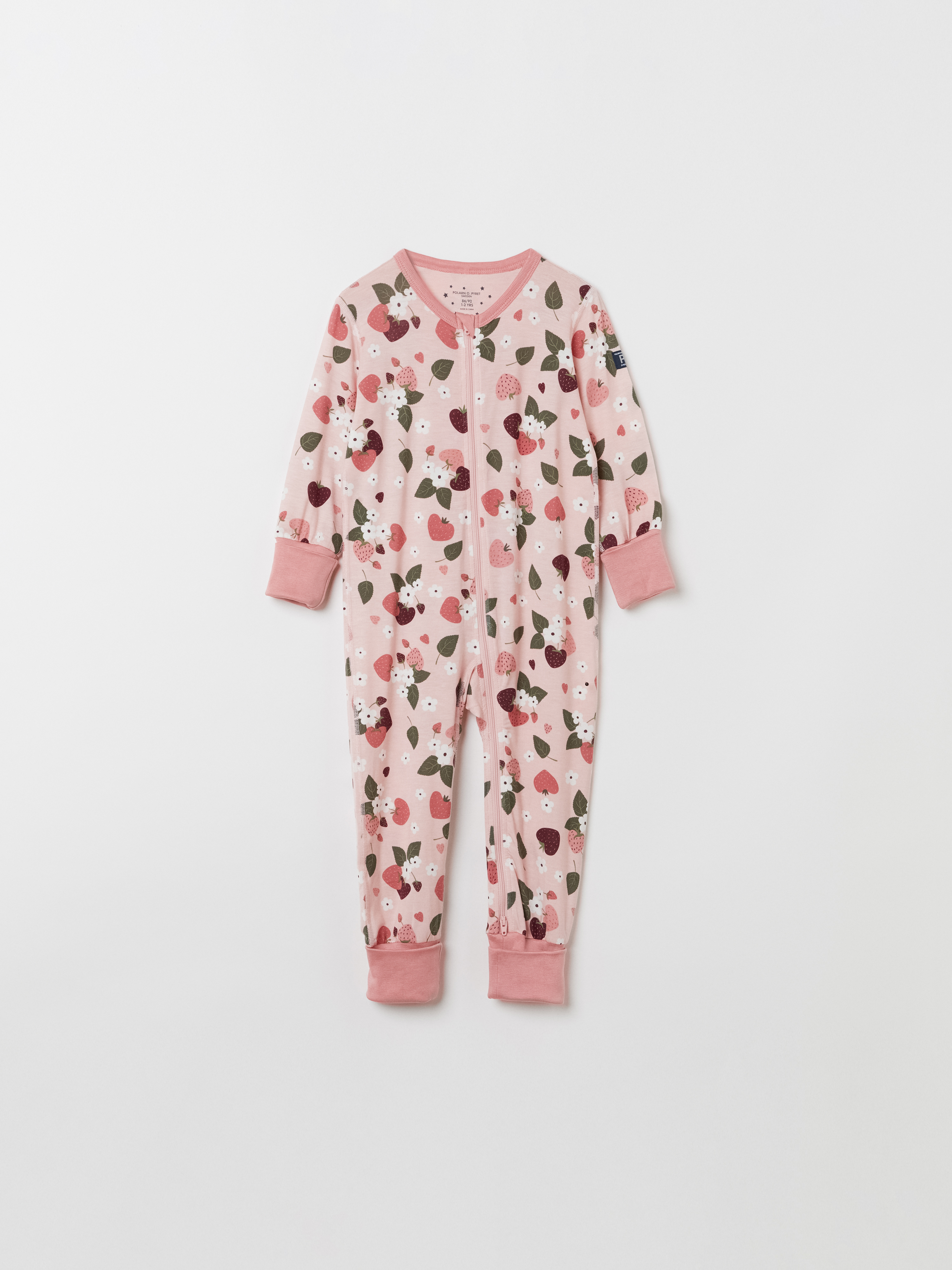 Pyjamasoverall med jordgubbstryck baby ljusrosa