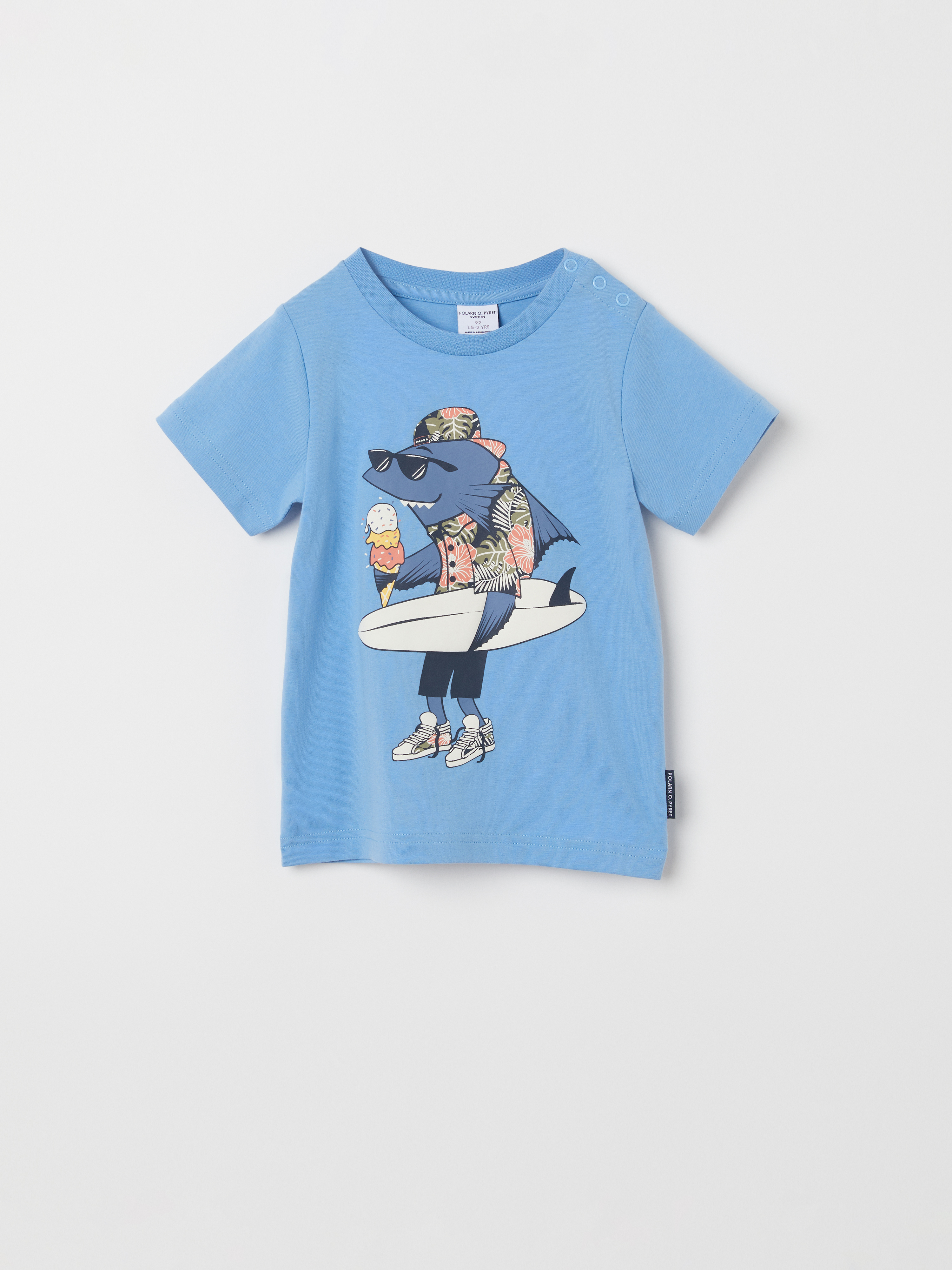 Polarn O. Pyret T-shirt med haj-tryck blå denim